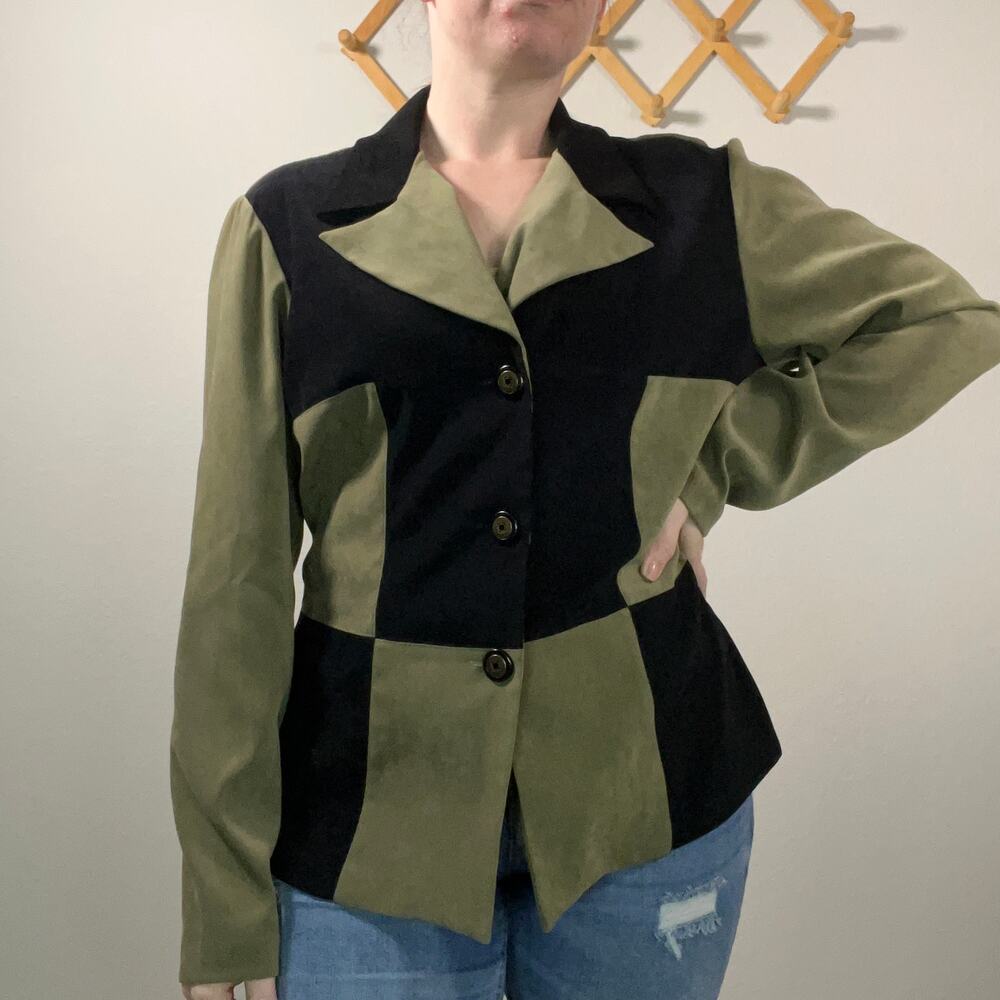 Vintage Scarlett Green and Black Patchwork Collared Button Up Blouse